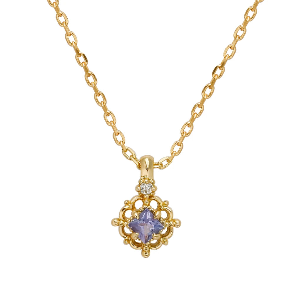 925 Sterling Silver 14K Gold Plated Gemstone Retro Hollow Flower Geometric Square Stone Tanzanite Necklace