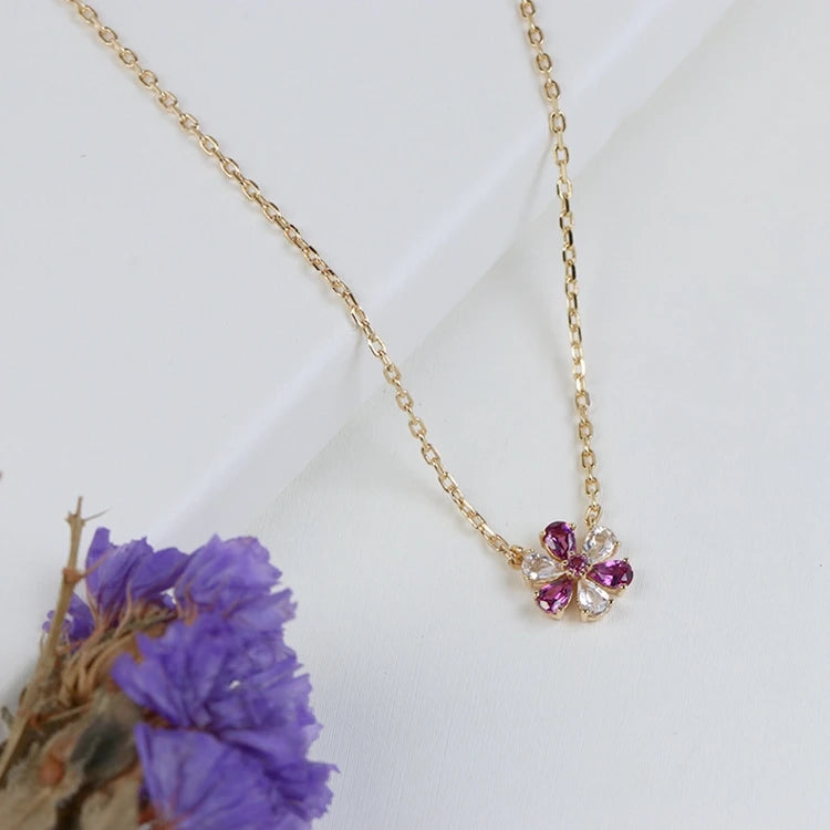 Gemstone Emotional Factory 925 Sterling Silver 14K Gold Plated Flowers Two Color Stone Garnet-Studded White Topaz Necklace