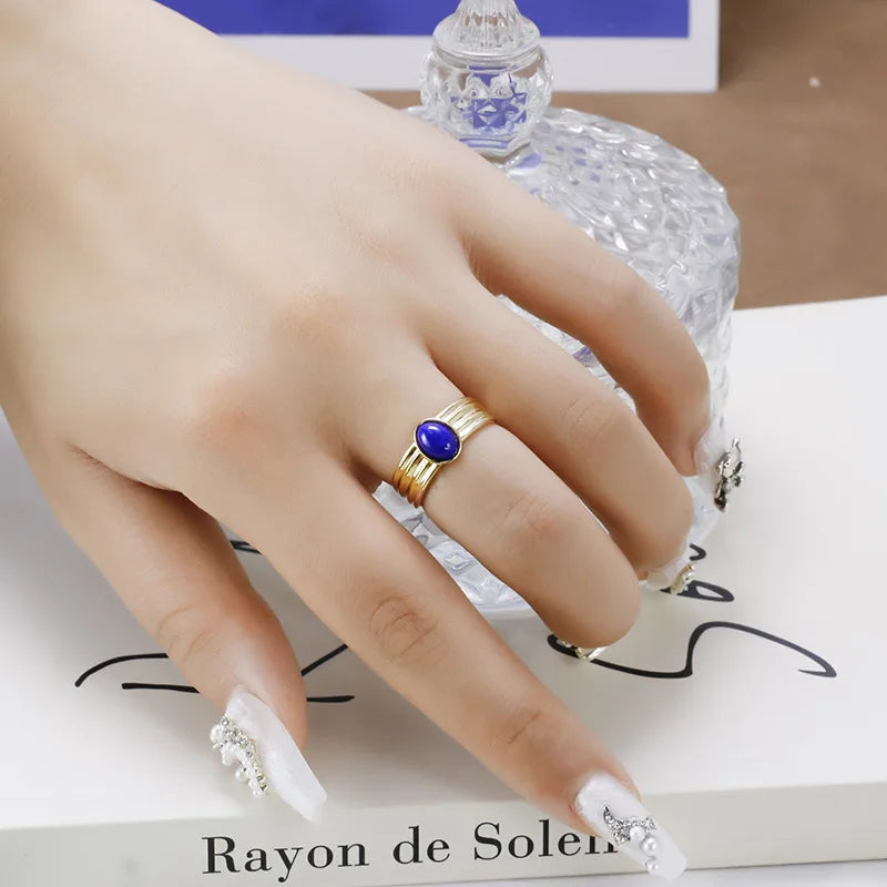 Emotional Factory 925 Sterling Silver 14K Gold Plated Gemstone Literary Retro Thickness Rings Lapis Lazuli Ring