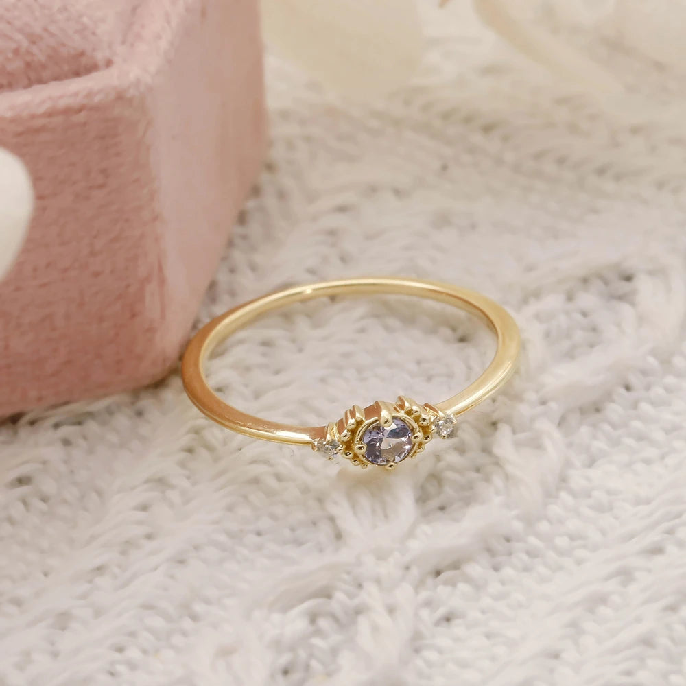 925 Sterling Silver 14K Gold Plated Gemstone Wedding Proposal Minimalist Round Tanzanite Ring