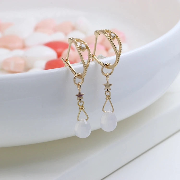 EmotiEmotional Factory 925 Sterling Silver 14K Gold Plated Gemstone White Chalcedony Premium ZIRCON Star Pendant Earrings