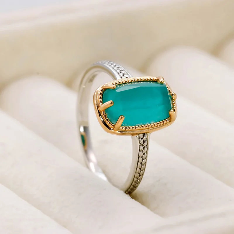 23Year French Retro S925Silver Plating14KGold Color Separation White Crystal/Turquoise Ring for Women