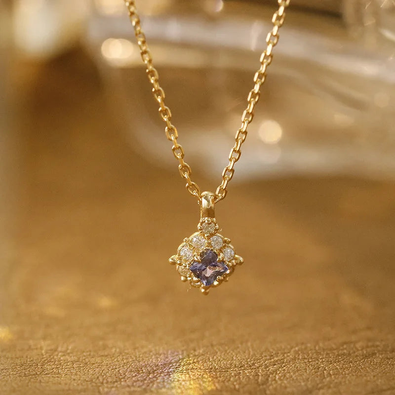 Emotional Factory 925 Sterling Silver 14K Gold Plated Gemstone Geometric Square Purple Tanzanite Necklace