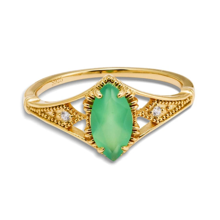 Emotional Factory 925 Sterling Silver 14K Gold Plated Gem Stone Gemstone Cz Zircon Geometric Drop Light Green Chalcedony Ring