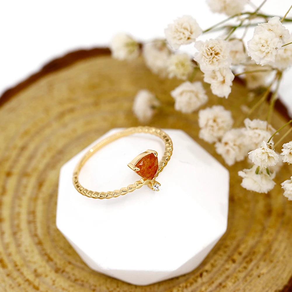 Emotional Factory 925 Sterling Silver 14K Gold Plated Gemstone Series Mosaic Zircon Triangle Natural Sun Stone Ring