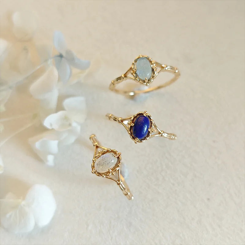 Emotional Factory 925 Sterling Silver 14K Gold Plated Gemstone Retro Literary Vintage Aquamarine Ring