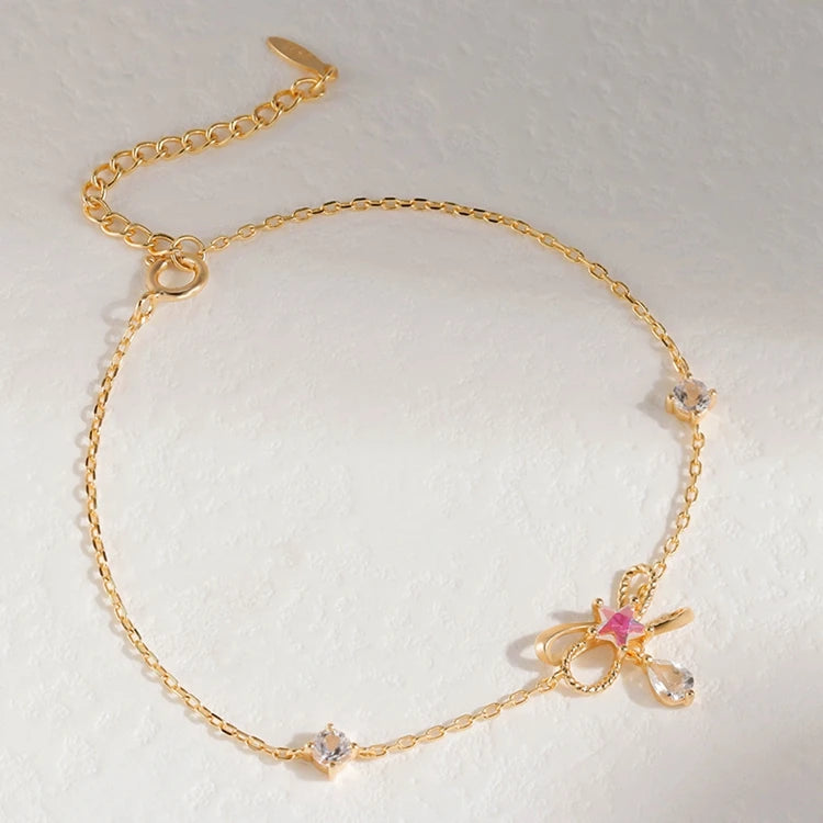 Emotional Pulsera De Pareja Factory 925 Sterling Silver 14K Gold Plated Gemstones Star Knot Bow Zirconia Bracelet