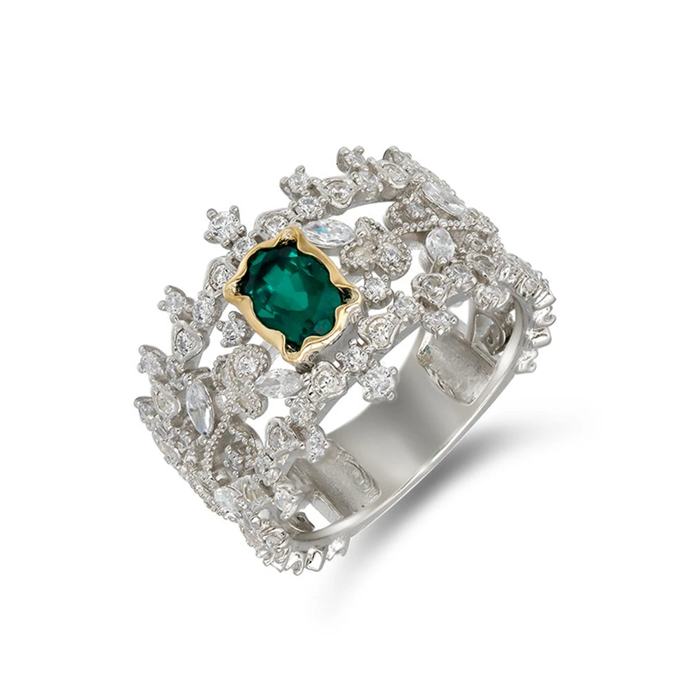 Emotional Factory 925 Sterling Silver 14K Gold Plated Gem Stone Gemstone Retro Hollow Geometric Flower Cultured Emerald Ring
