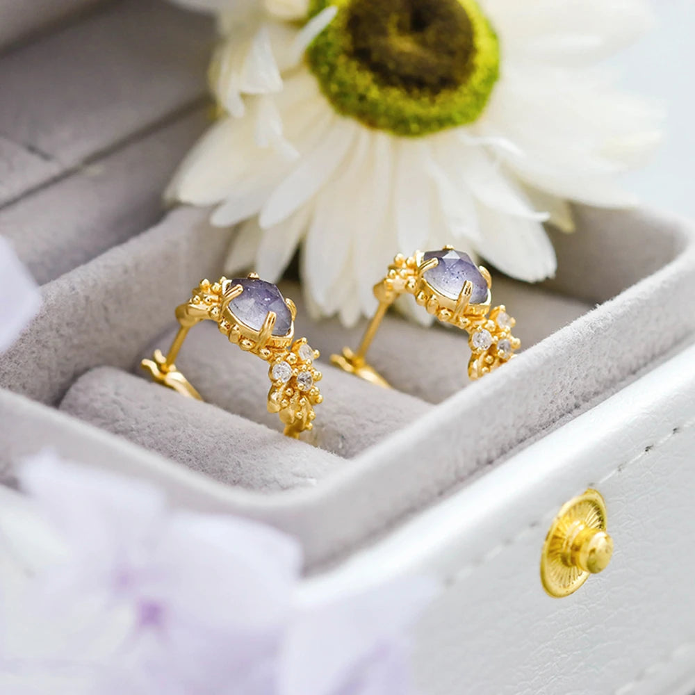 Emotional Factory 925 Sterling Silver 14K Gold Plated Gemstones Natural Cordierite Ring Zircon Labradorite Stud Earrings