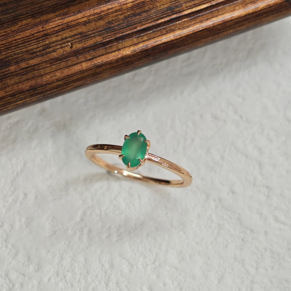 925 Sterling Silver 14K Gold Plated Single Gemstone Egg Shape Vintage Oval Natural Chrysoprase Finger Ring