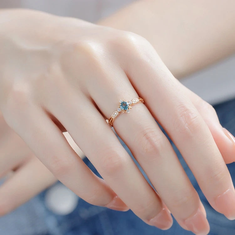 925 Sterling Silver 14K Gold Plated Gemstone Bluebell Design Zircon Flower Bead Natural Blue Topaz Ring