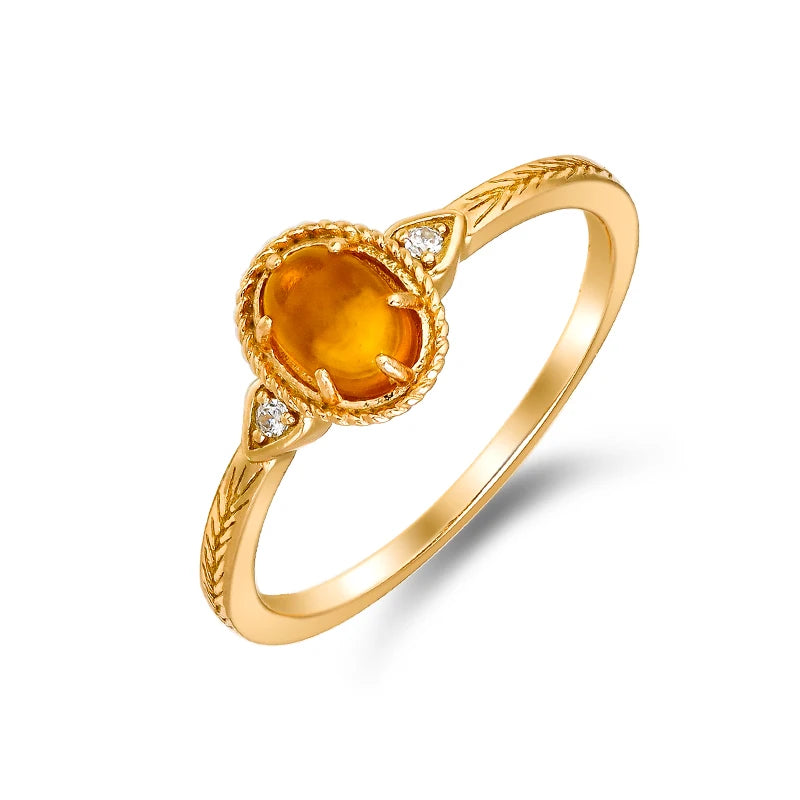 Retro Oval Amber Zircon Carved S925 Ring  Plated 14K Gold