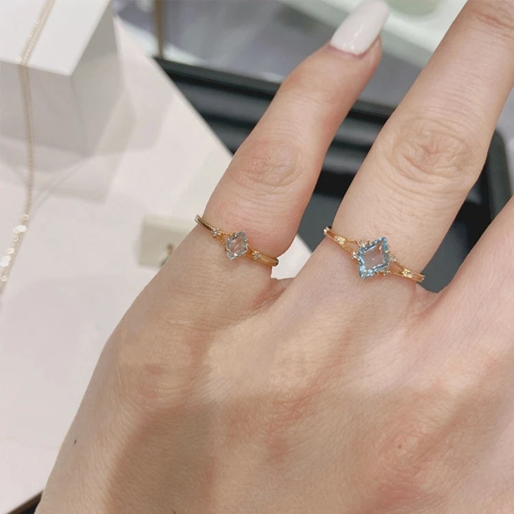 Emotional Factory 925 Sterling Silver 14K Gold Plated Gemstone Geometrical Bead Simple Diamond Topaz Ring