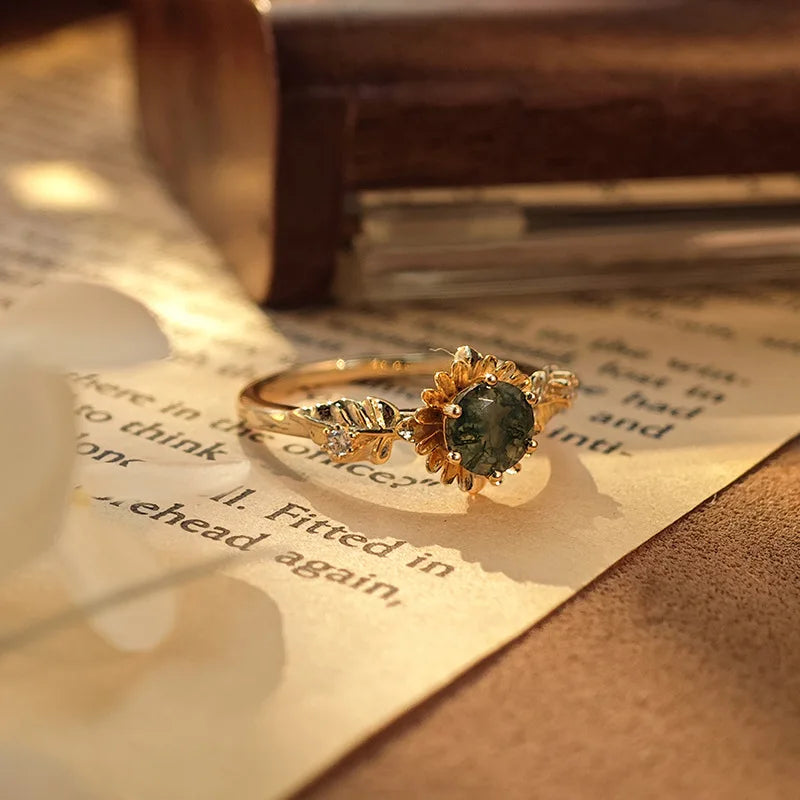 Emotional Factory 925 Sterling Silver 14K Gold Plated Gemstone Natural Sunflower Flowers Summer Sun Flower Moss Agate Ring