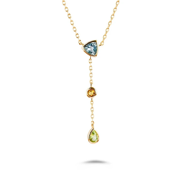 925 Sterling Silver 14K Gold Plated Gem Stone Gemstone Geometric Triangular Round Drops Sky Blue Topaz  Citrine Peridot Necklace