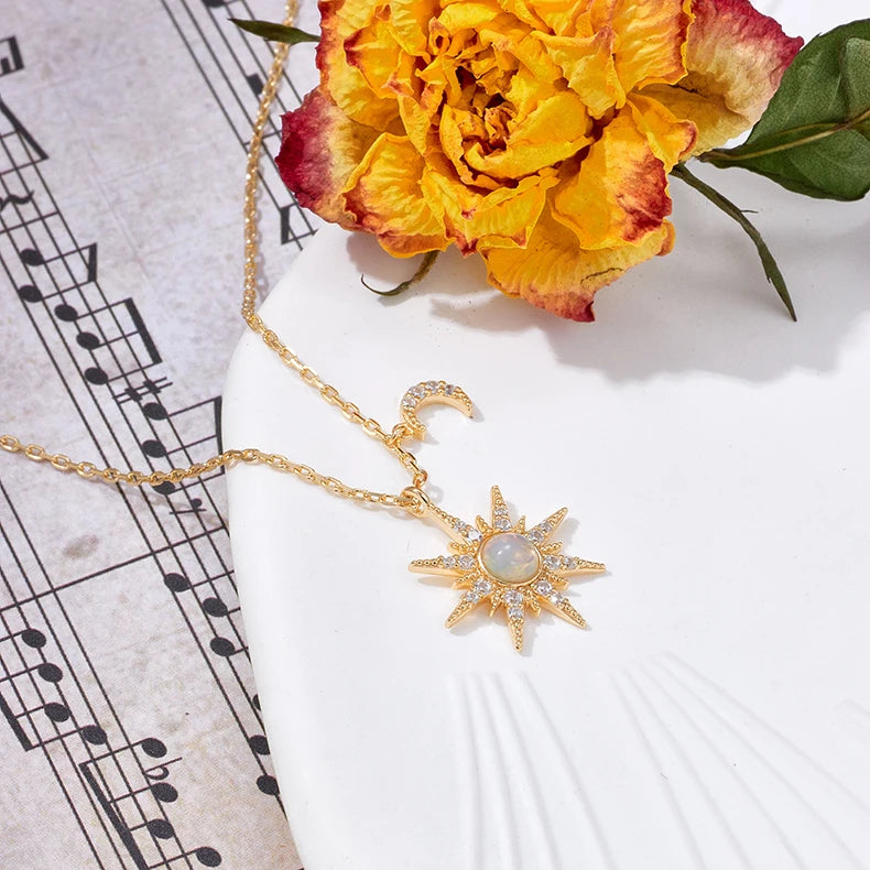 Emotional Factory Jewelry 925 Sterling Silver 14K Gold Plated Gemstone Series African Opal Gems Moon Sun Necklace