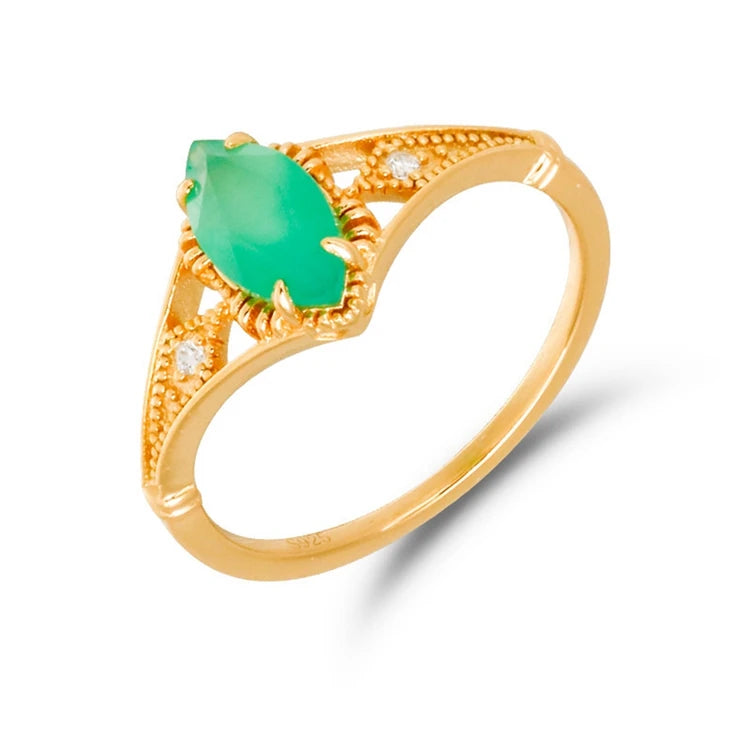 Emotional Factory 925 Sterling Silver 14K Gold Plated Gem Stone Gemstone Cz Zircon Geometric Drop Light Green Chalcedony Ring