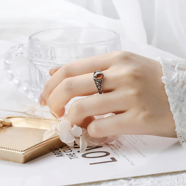 Emotional Factory 925 Sterling Silver 14K Gold Plated Gemstone Retro Drop Ring Artificial Amber Rings