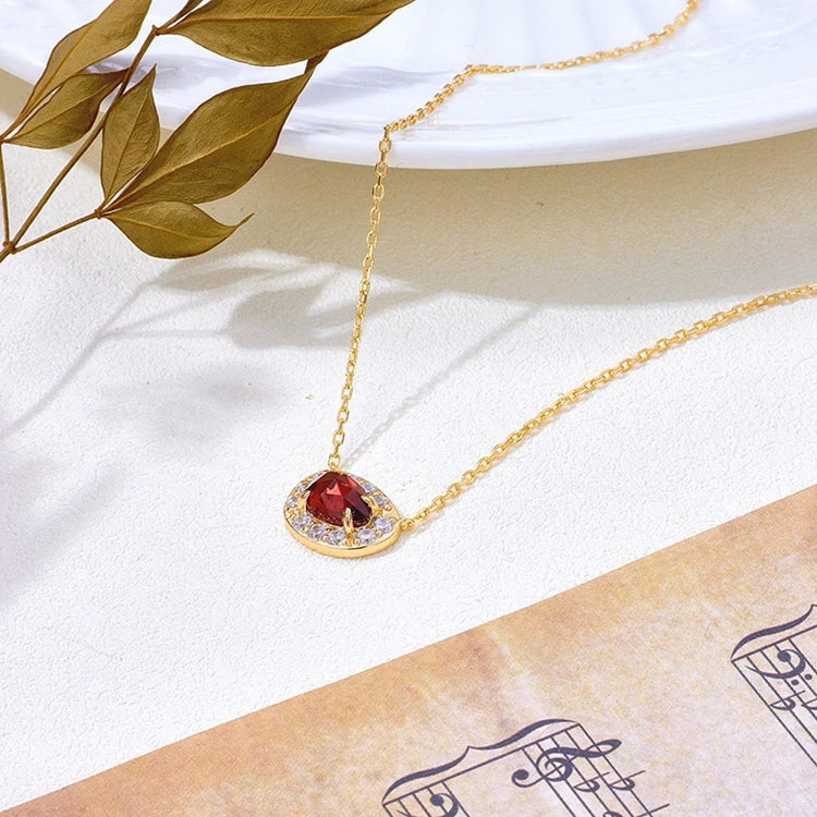 Emotional Factory 925 Sterling Silver 14K Gold Plated Gemstone Red Garnet Zircon Egg Shape Necklace