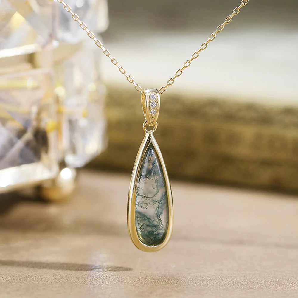Factory 925 Sterling Silver 14K Gold Plated Gemstone Middle Ages Vintage Style Geometric Strip Drops Moss Agate Pendant
