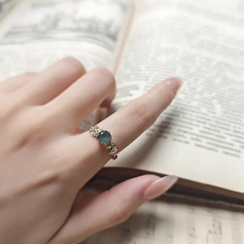Emotional Factory 925 Sterling Silver 14K Gold Plated Gemstone Retro Cz Zircon Star Moss Agate Ring