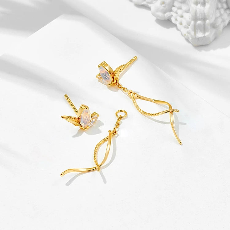 Emotional Factory 925 Sterling Silver 14K Gold Plated Gemstone Zircon Line Leaves Synthetic Opal Earrings