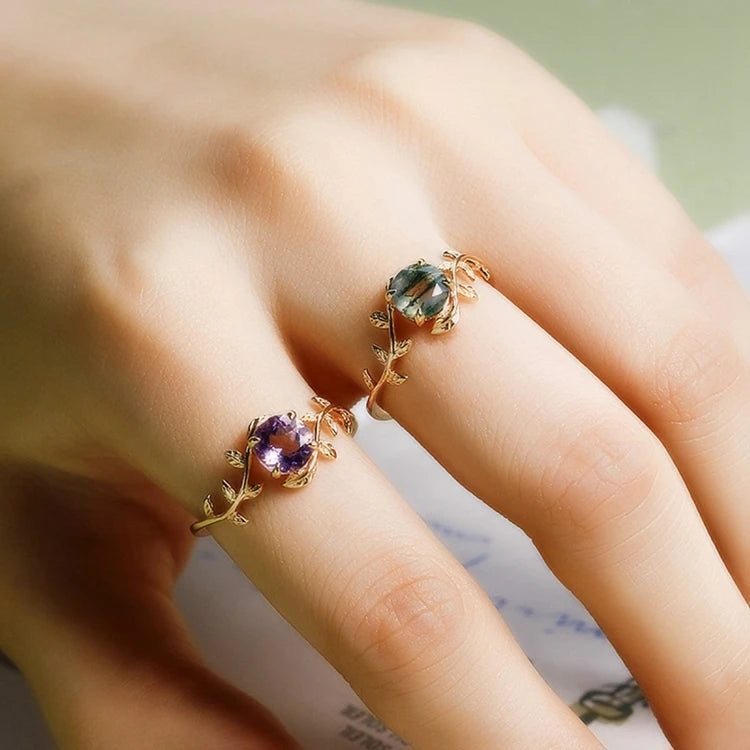 Emotional Joyeria	 Factory 925 Sterling Silver 14K Gold Plated Gem Stone Gemstone Leaf Vine Moss Agate Amethyst Ring