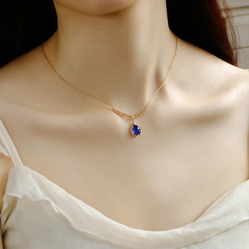 Exquisite Dual-Stone Pendant - Japanese Retro Elegance, S925 Silver 14K Gold Plated Necklace with White Crystal & Lapis Lazuli