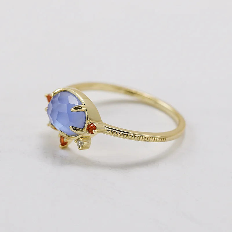 Emotional Factory 925 Sterling Silver 14K Gold Plated Gemstone Blue Glass Red Cz Zircon White Shell Ring