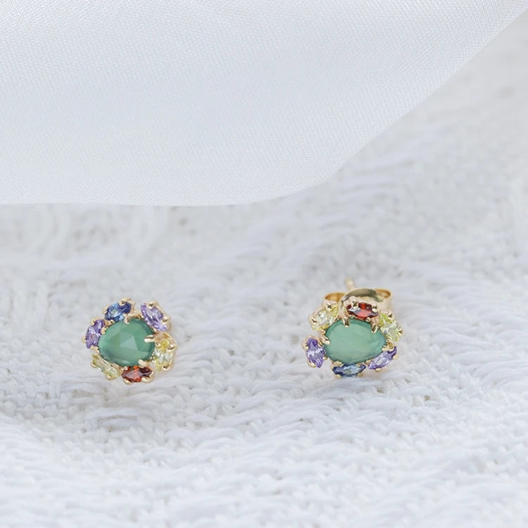 925 Sterling Silver 14K Gold Plated Gemstones Colourful Rainbow Red Garnet Natural Green Chalcedony Crystal Earrings