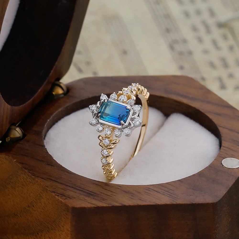 925 Sterling Silver 14K Gold Plated Gem Stone Gemstone Geometrical Dreams Galactic Star Fantasy Blue-Green Quartz Stone Ring