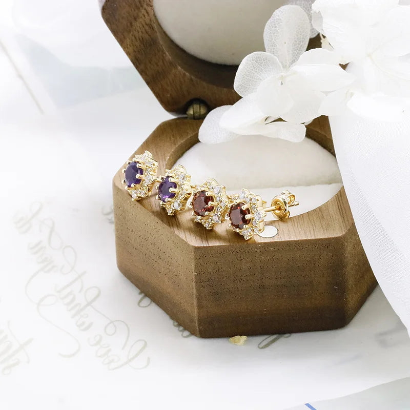 Emotional Factory 925 Sterling Silver 14K Gold Plated Gemstone Cz Zircon Flower Amethyst Garnet Earrings
