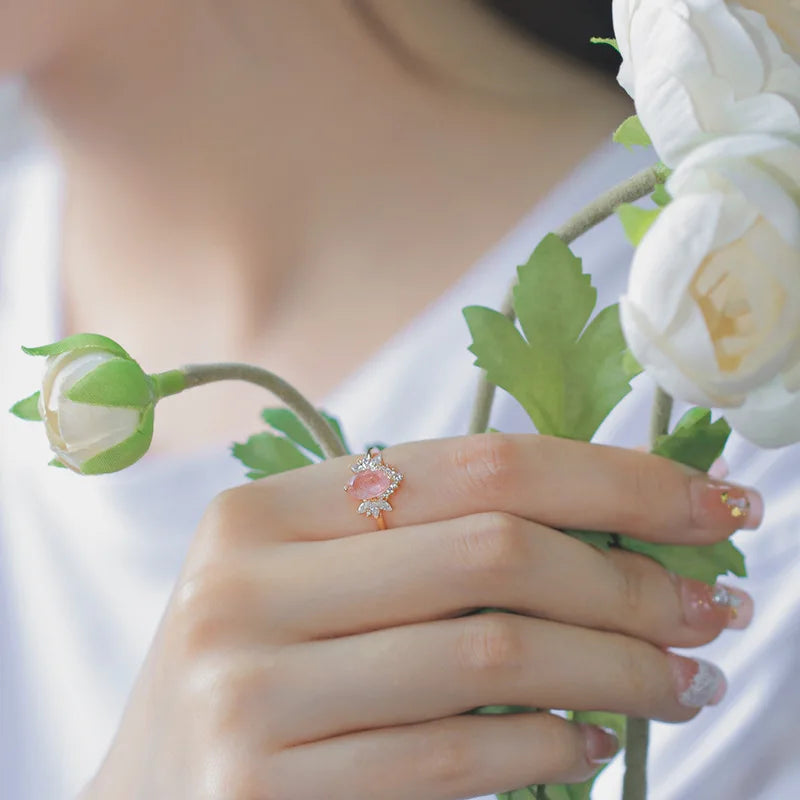 Thin Circle Butterfly Shape Pink Strawberry Crystal Ring