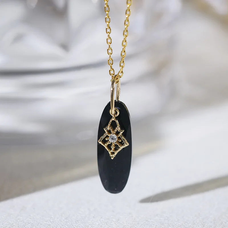 Emotional Factory 925 Sterling Silver 14K Gold Plated Gemstone Lace Petal Natural Black Agate Pendant