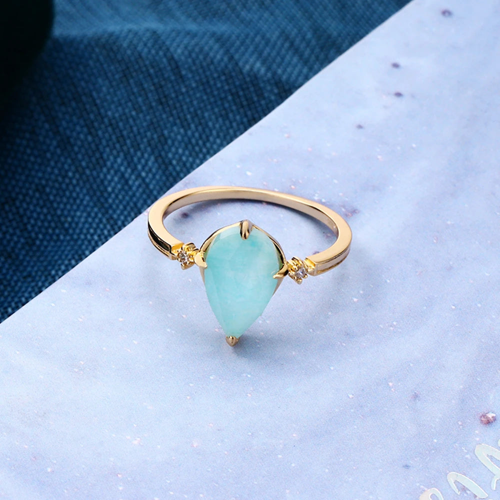 925 Sterling Silver Gold Plated Drop Shaped Double Layers Gemstone Rock Crystal Amazonite Clear Quartz Ring