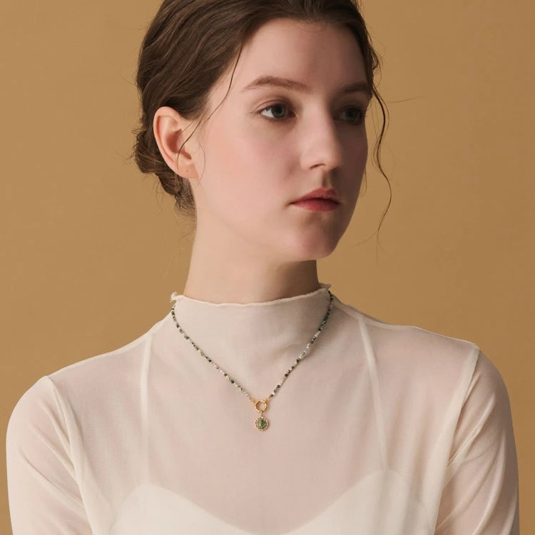 925 Sterling Silver 14K Gold Plated Gemstone Vintage Hollow Blonde Crystal Malachite Pendant Necklace With Ordinary Chain