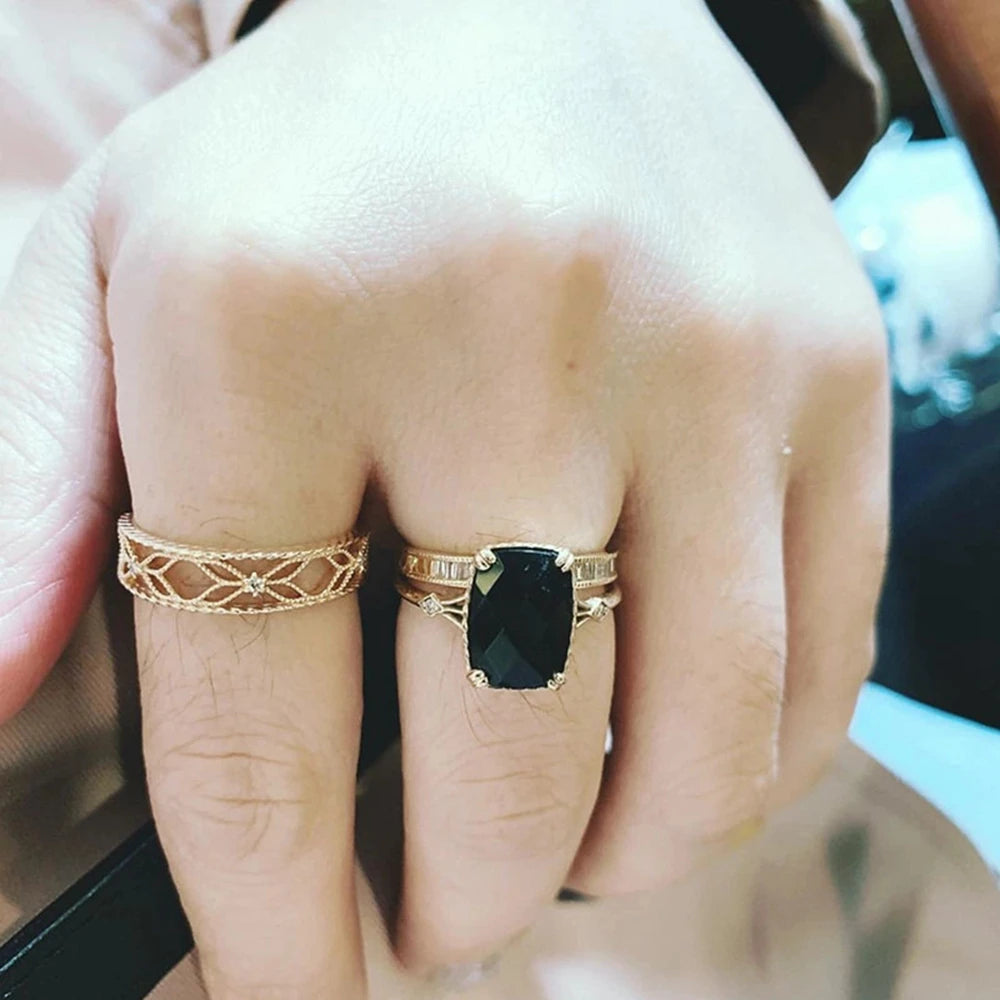 925 Sterling Silver 14K Gold Plated Gem Stone Vintage Style Geometrical Zircon Rectangular Black Agate Carnelian Onyx Ring