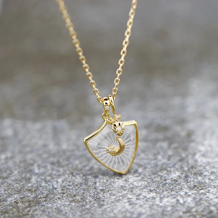 925 Sterling Silver 14K Gold Plated Gemstone Shield Rock Crystal Moon Necklace