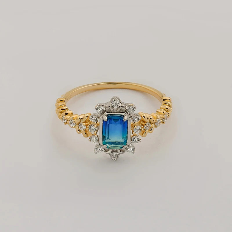 Japanese Light Luxury 14K Gold Plated Green Blue Glass White Zircon Stone Two Tone Silver Ring