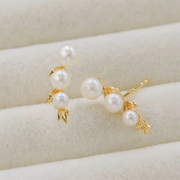 Emotional Factory 925 Sterling Silver 14K Gold Plated Gemstone Leaves Shaped Stud Pearl Earrings