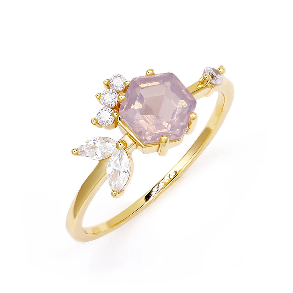 Emotional Factory 925 Sterling Silver 14K Gold Plated Gemstone Series Zircon Spar Lavender Crystal Fish Chasing Bubble Ring