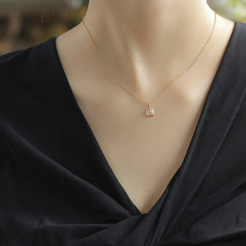 925 Sterling Silver 14K Gold Plated Gem Stone  Geometric Moonstone Sky Blue Topaz Double Stone Combinatorial Pendant Necklace