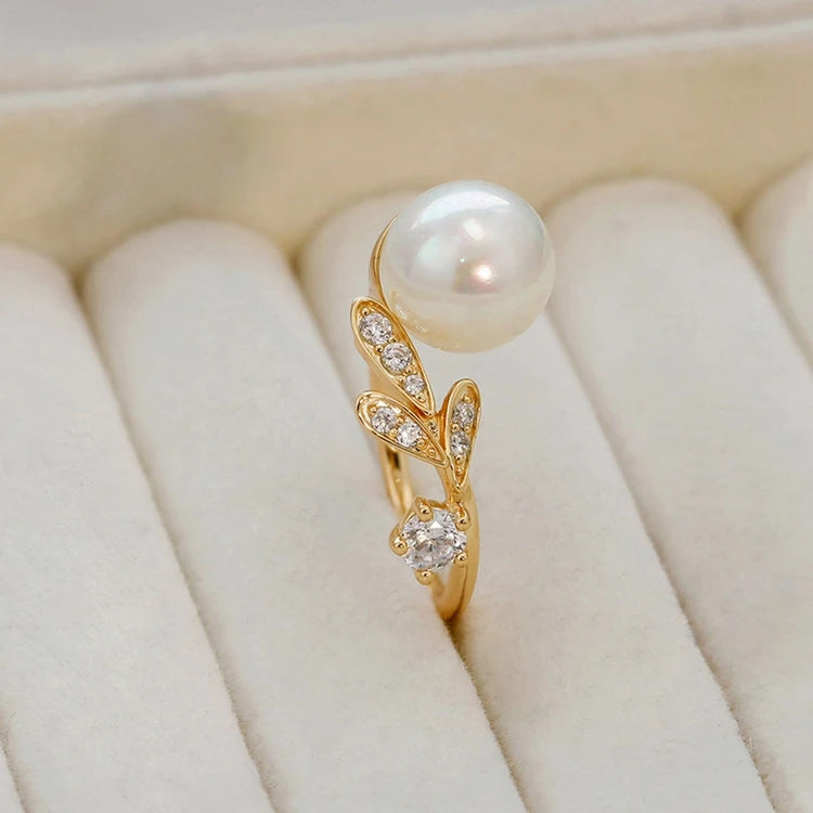 Emotional Factory 925 Sterling Silver 14K Gold Plated Gemstone Zircon Earrings Leaves Adjustable Pearl Ring