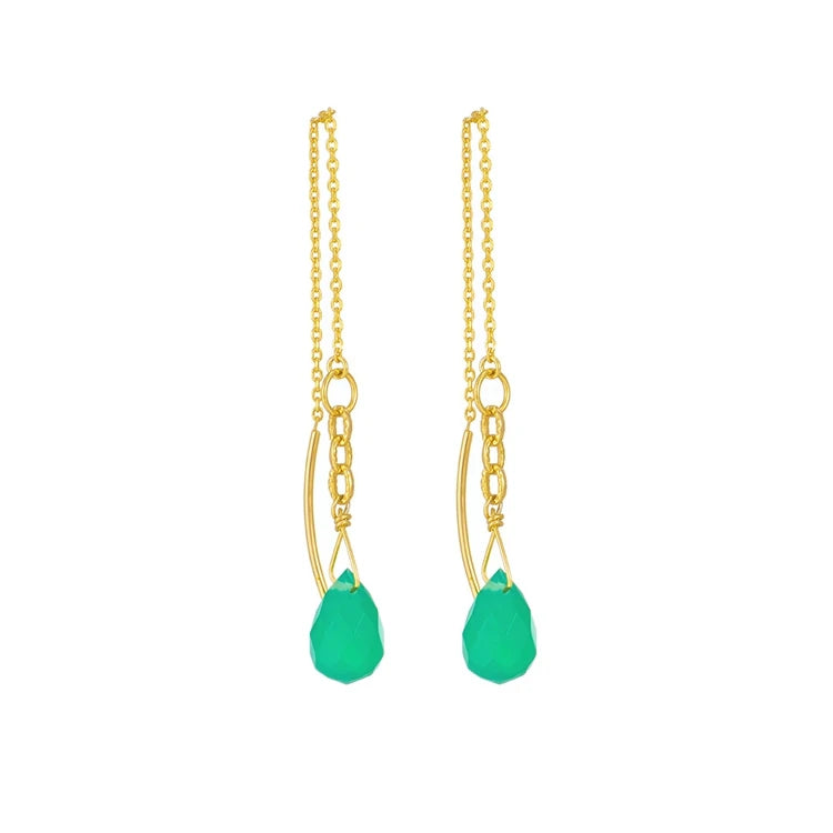 925 Sterling Silver 14K Gold Plated Gemstones Classical Wire Natural Green Chalcedony Vintage Ear Wires Earrings