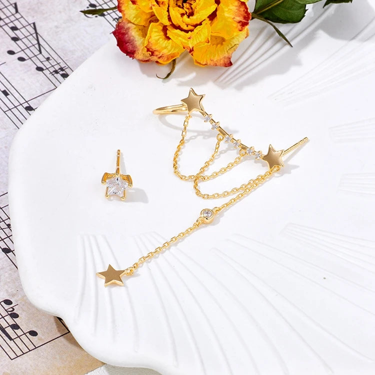 Emotional Factory 925 Sterling Silver 14K Gold Plated Gemstone Irregular Bezel Chain Tassel Star Earrings