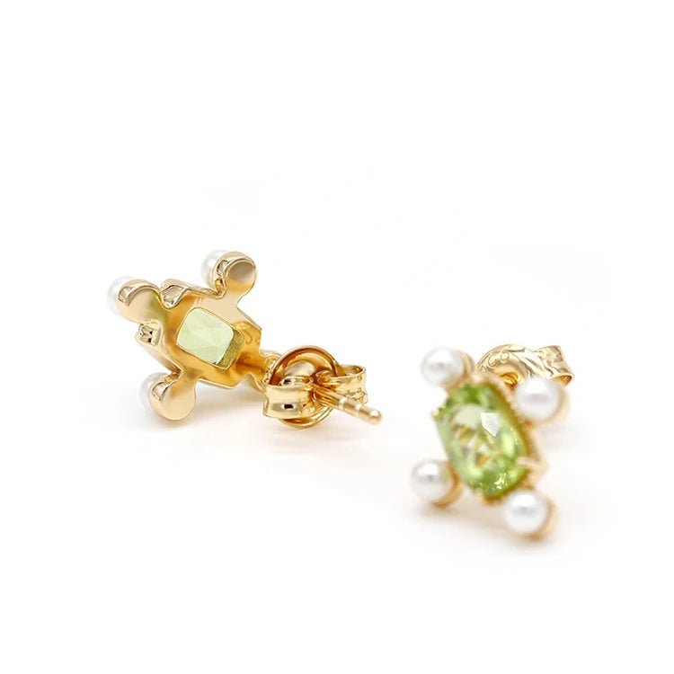 925 Sterling Silver 14K Gold Plated Gemstone Square Green Ring Pearl Natural Peridot Stud Earrings