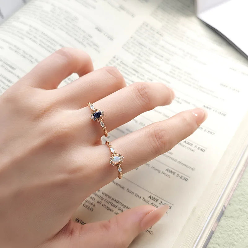 Emotional Factory 925 Sterling Silver 14K Gold Plated Gemstone Retro Cz Zircon Flower Aventurine Natural Australia Opal Ring