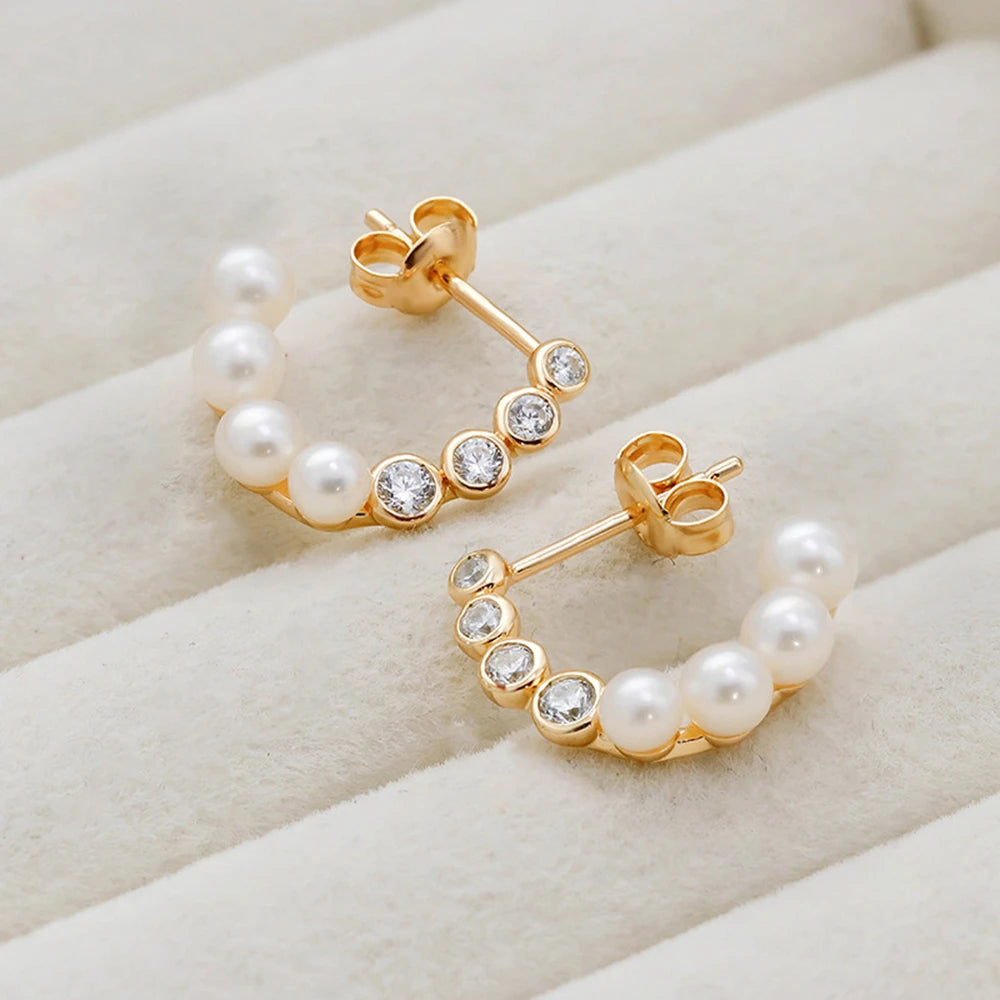 Emotional Factory 925 Sterling Silver 14K Gold Plated Gem Stone Gemstone Retro Cz Zircon C Shaped Pearl Earrings