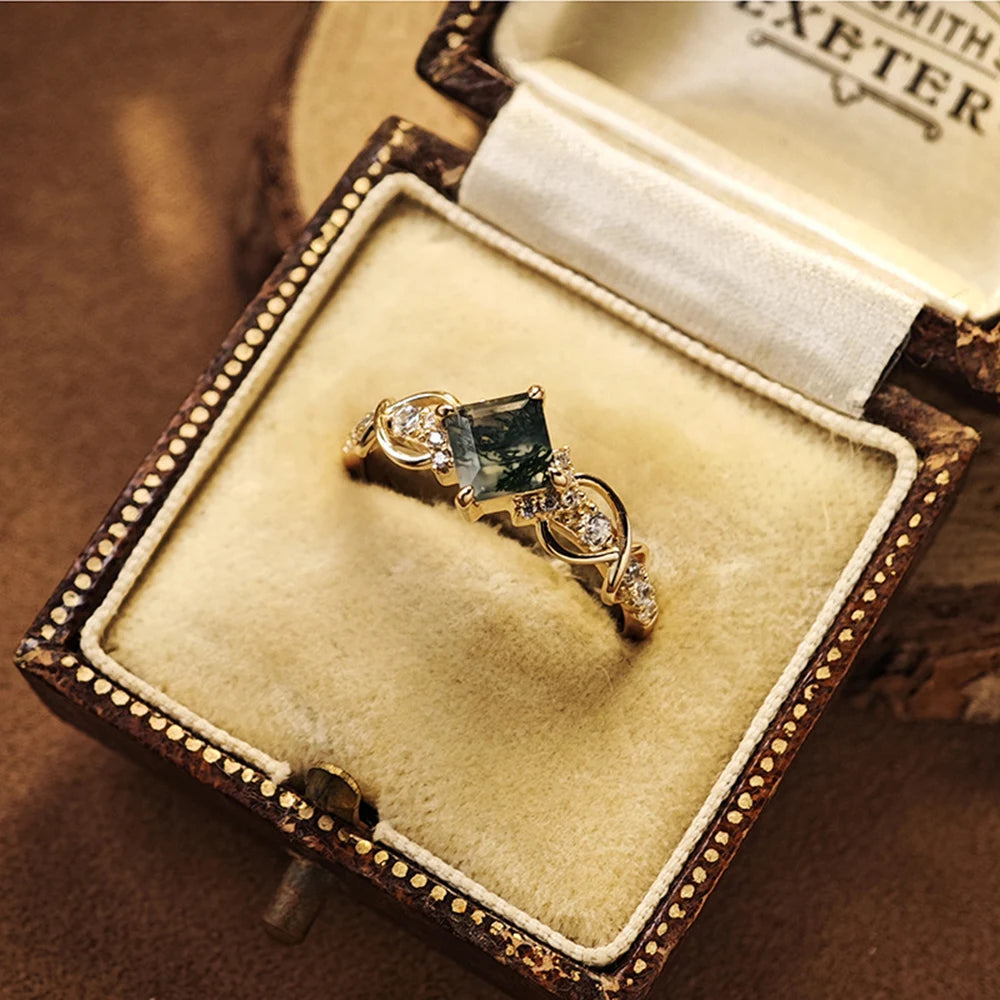 Emotional Joyeria De Plata  Factory 925 Sterling Silver 14K Gold Plated Gemstone Geometric Square Moss Agate Ring