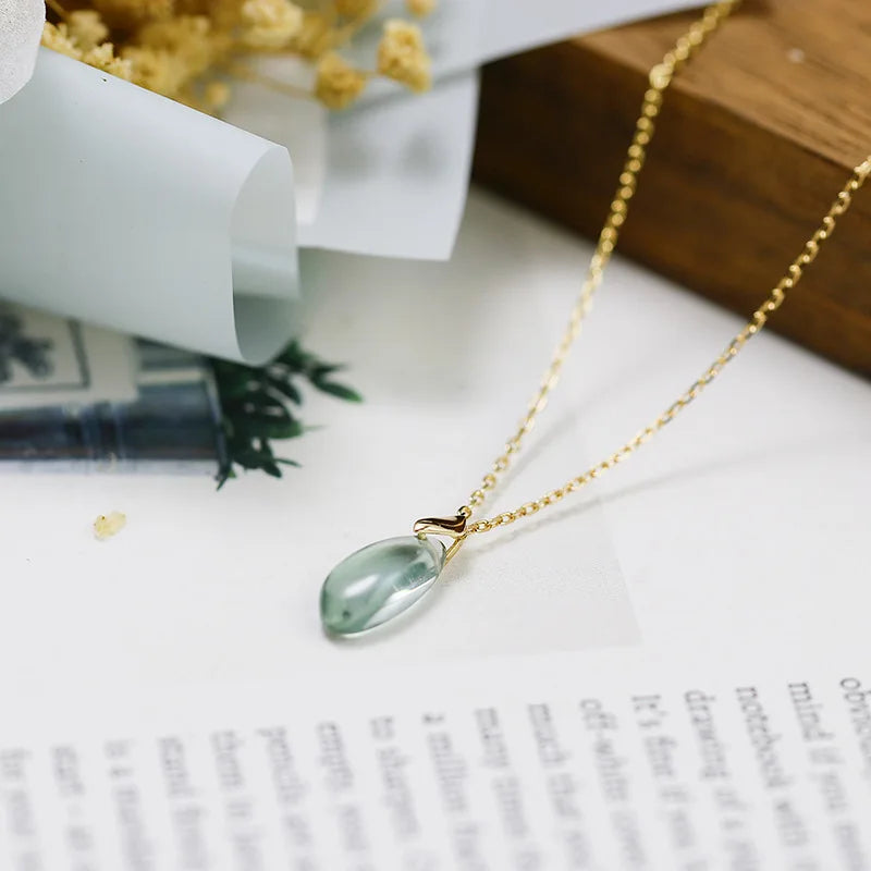 Emotional Factory 925 Sterling Silver 14K Gold Plated Gemstone Drop Green Quartzite Long Strip  Necklace